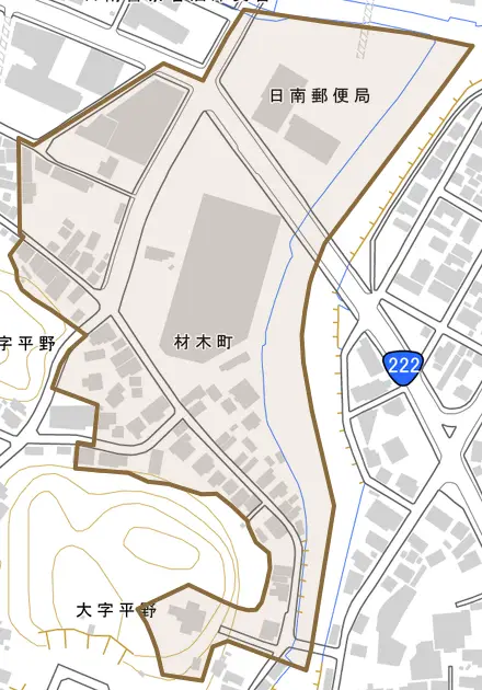 材木町とその周辺の地図。町の範囲を重ねている