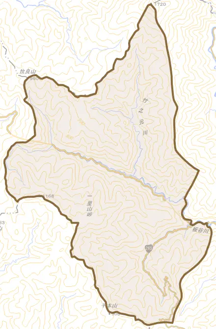 大字板谷とその周辺の地図。町の範囲を重ねている