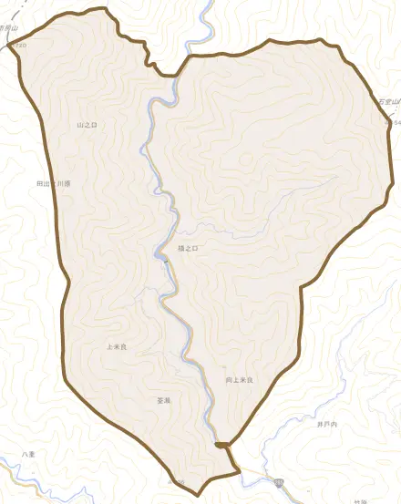 大字上米良とその周辺の地図。町の範囲を重ねている