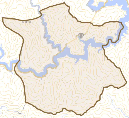 大字越野尾とその周辺の地図。町の範囲を重ねている
