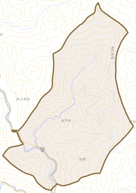 大字竹原とその周辺の地図。町の範囲を重ねている