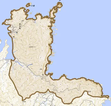 赤水町とその周辺の地図。町の範囲を重ねている