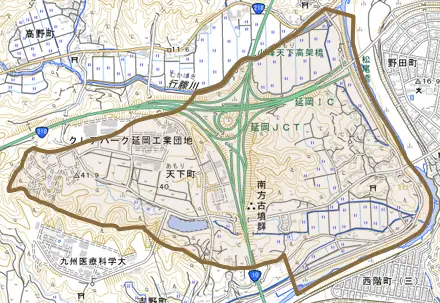 天下町とその周辺の地図。町の範囲を重ねている