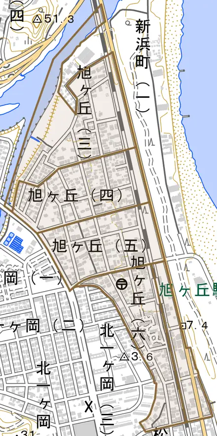 旭ケ丘とその周辺の地図。町の範囲を重ねている