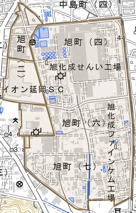 旭町とその周辺の地図。町の範囲を重ねている