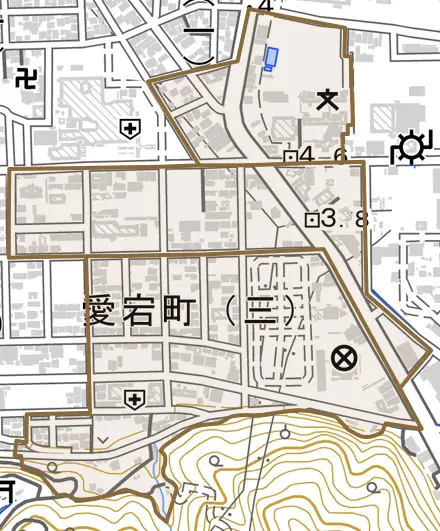 愛宕町とその周辺の地図。町の範囲を重ねている