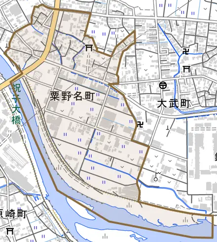 粟野名町とその周辺の地図。町の範囲を重ねている