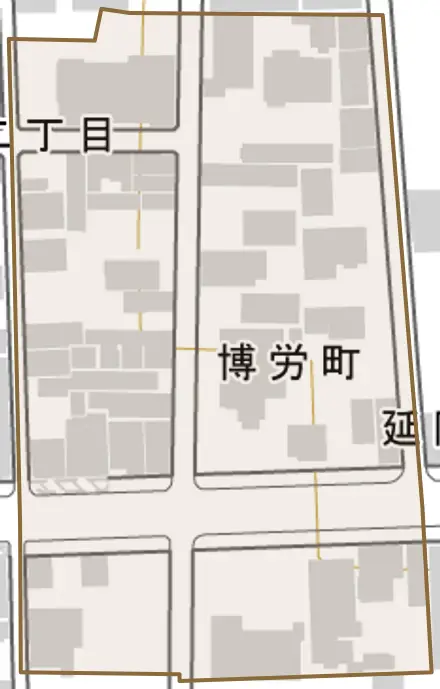 博労町とその周辺の地図。町の範囲を重ねている