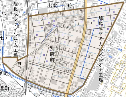 別府町とその周辺の地図。町の範囲を重ねている