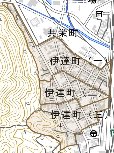 伊達町とその周辺の地図。町の範囲を重ねている