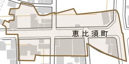 恵比須町とその周辺の地図。町の範囲を重ねている