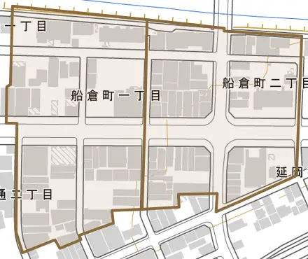 船倉町とその周辺の地図。町の範囲を重ねている