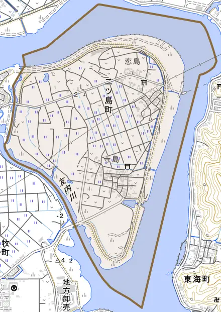 二ツ島町とその周辺の地図。町の範囲を重ねている