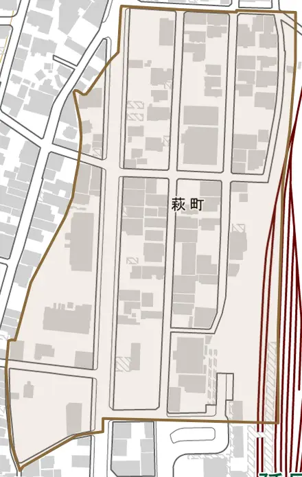 萩町とその周辺の地図。町の範囲を重ねている