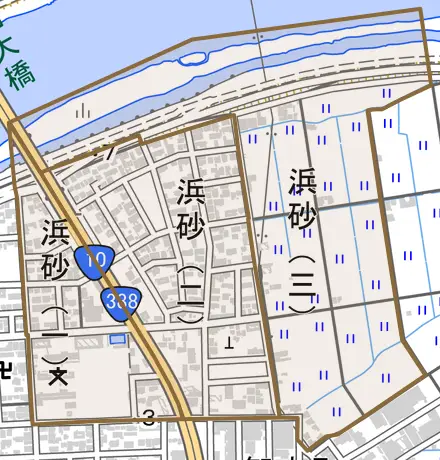 浜砂とその周辺の地図。町の範囲を重ねている