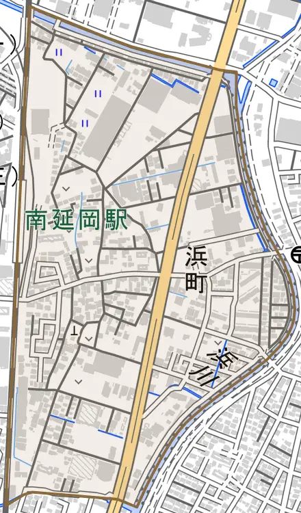 浜町とその周辺の地図。町の範囲を重ねている