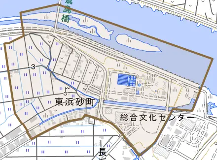 東浜砂町とその周辺の地図。町の範囲を重ねている
