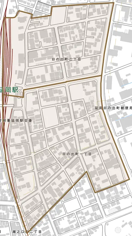 日の出町とその周辺の地図。町の範囲を重ねている