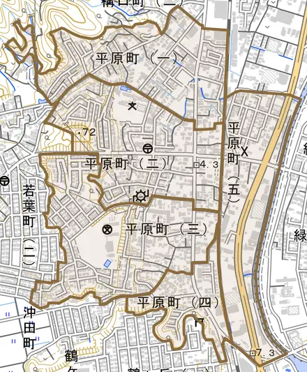 平原町とその周辺の地図。町の範囲を重ねている