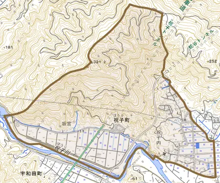 祝子町とその周辺の地図。町の範囲を重ねている