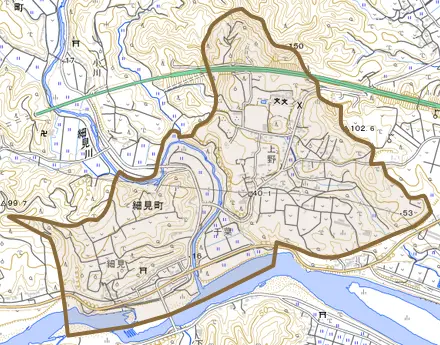 細見町とその周辺の地図。町の範囲を重ねている