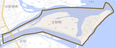 方財町とその周辺の地図。町の範囲を重ねている