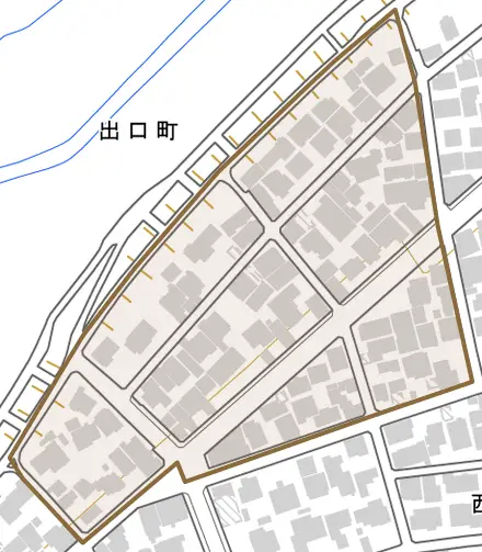 出口町とその周辺の地図。町の範囲を重ねている