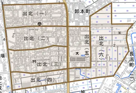 出北とその周辺の地図。町の範囲を重ねている