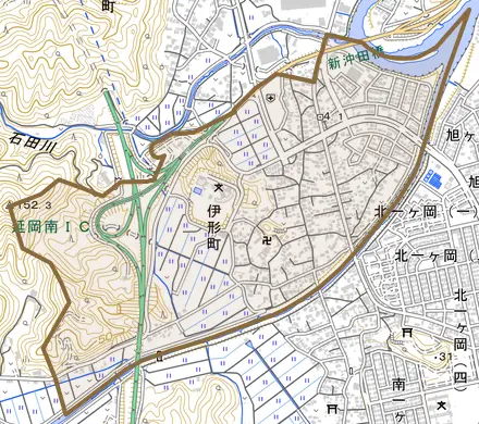 伊形町とその周辺の地図。町の範囲を重ねている