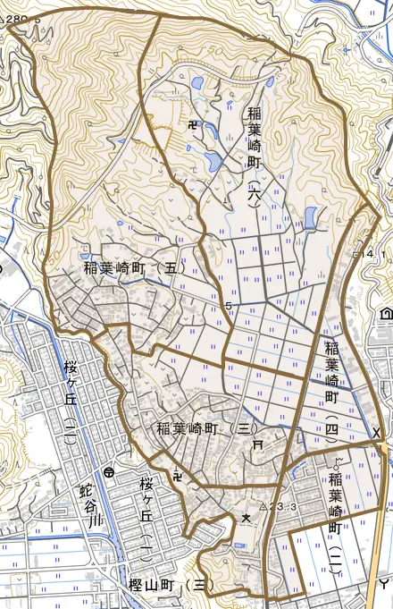 稲葉崎町とその周辺の地図。町の範囲を重ねている