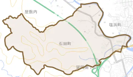 石田町とその周辺の地図。町の範囲を重ねている