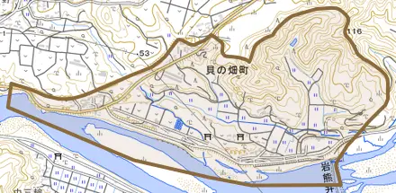 貝の畑町とその周辺の地図。町の範囲を重ねている