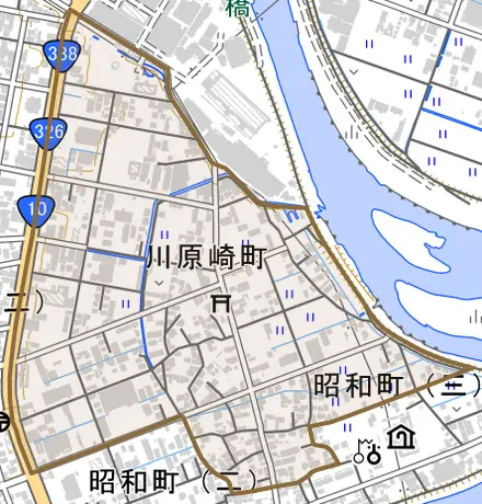 川原崎町とその周辺の地図。町の範囲を重ねている
