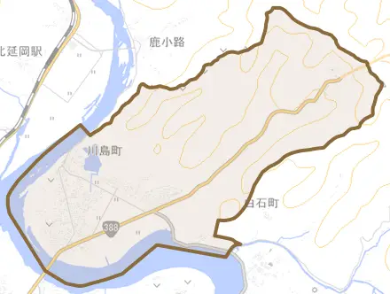 川島町とその周辺の地図。町の範囲を重ねている