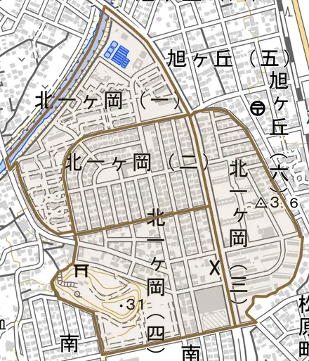 北一ケ岡とその周辺の地図。町の範囲を重ねている