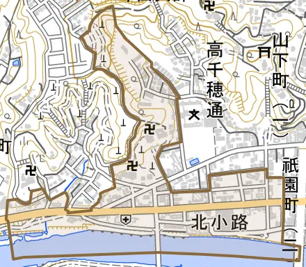 北小路とその周辺の地図。町の範囲を重ねている
