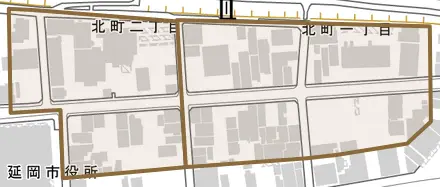 北町とその周辺の地図。町の範囲を重ねている