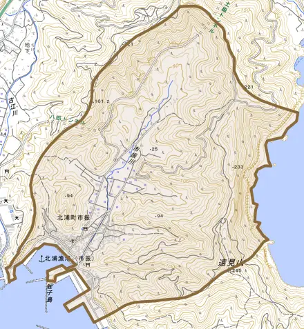 北浦町市振とその周辺の地図。町の範囲を重ねている