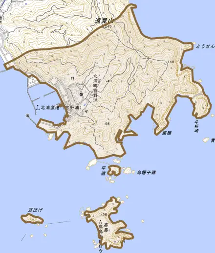 北浦町宮野浦とその周辺の地図。町の範囲を重ねている