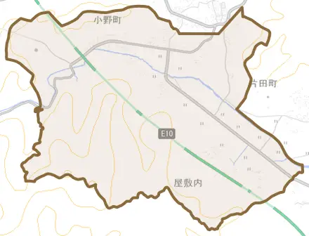 小野町とその周辺の地図。町の範囲を重ねている