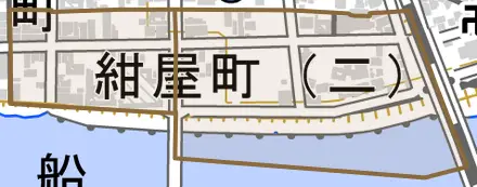 紺屋町とその周辺の地図。町の範囲を重ねている