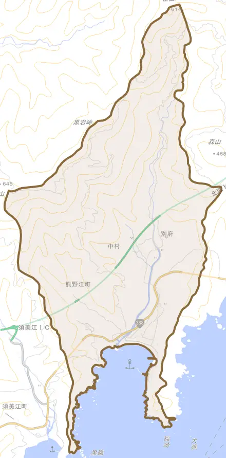 熊野江町とその周辺の地図。町の範囲を重ねている