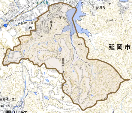 櫛津町とその周辺の地図。町の範囲を重ねている