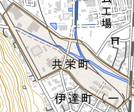 共栄町とその周辺の地図。町の範囲を重ねている