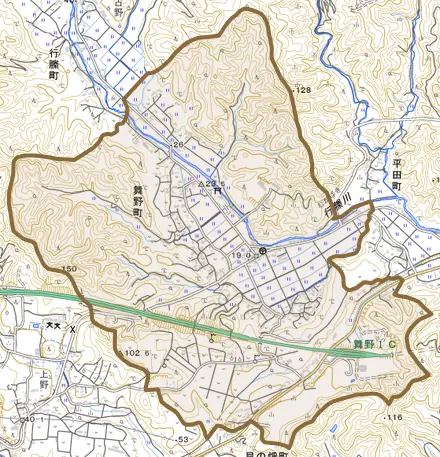 舞野町とその周辺の地図。町の範囲を重ねている