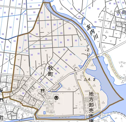 牧町とその周辺の地図。町の範囲を重ねている