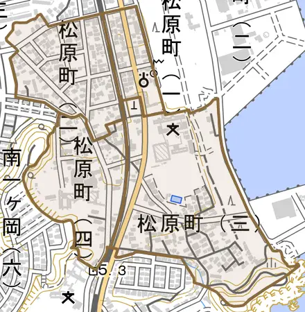 松原町とその周辺の地図。町の範囲を重ねている