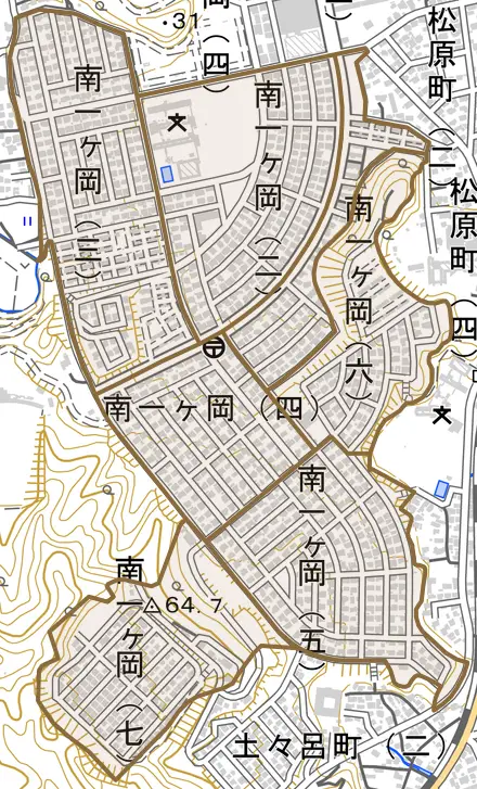 南一ケ岡とその周辺の地図。町の範囲を重ねている