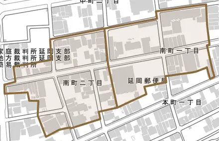 南町とその周辺の地図。町の範囲を重ねている