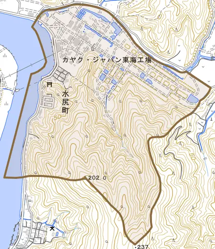 水尻町とその周辺の地図。町の範囲を重ねている
